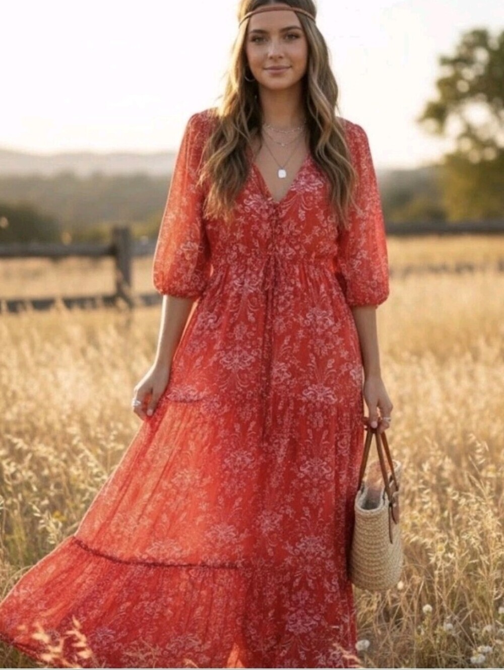 ABEL THE LABEL Strawberry Kisses Boho Maxi Dress Size Medium Anthropologie Red - Picture 1 of 10
